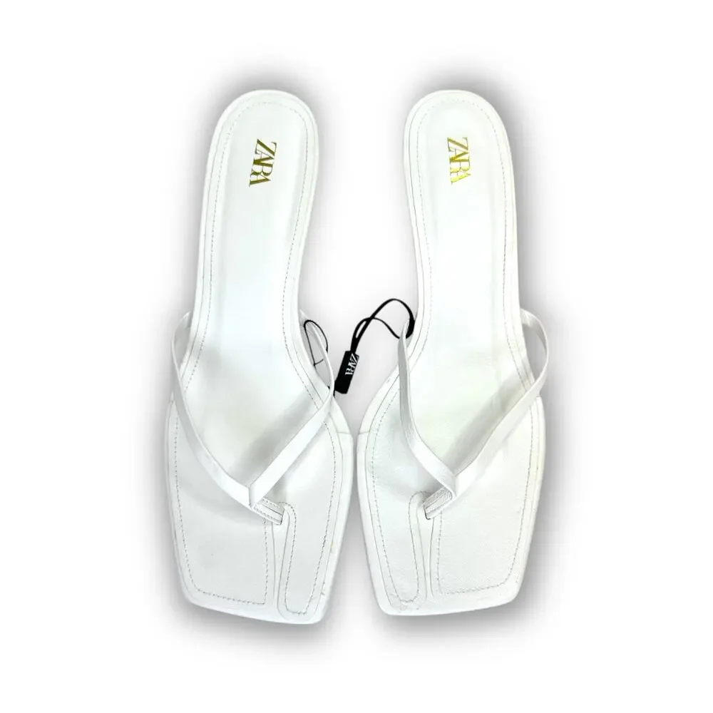 Zara Strappy Toe Post Heeled Leather Sandals Size EU 41 US 10 White Square Toe - Picture 2 of 14